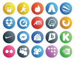 Pacote de 20 ícones de mídia social, incluindo myspace kickstarter waze brightkite messenger vetor