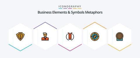 elementos de negócios e metáforas de símbolos 25 pacote de ícones de linha preenchida, incluindo alvo. bússola. avatar. navegador. localização vetor