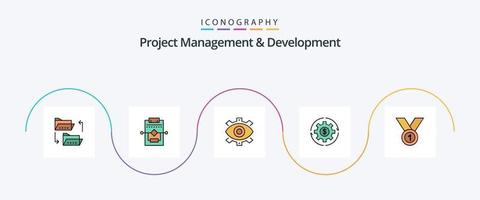 linha de gerenciamento e desenvolvimento de projetos preenchida com 5 ícones planos, incluindo capital. Produção. configurações. moderno. negócios vetor