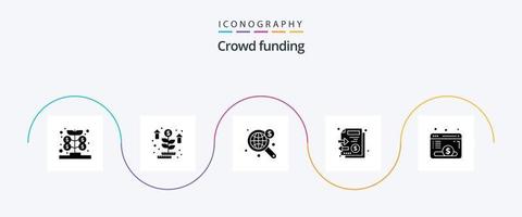 pacote de ícones de glyph 5 de crowdfunding, incluindo página da web. dinheiro. procurar. pilha. documentos vetor