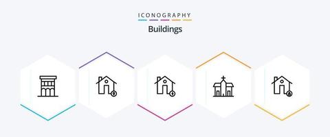 Pacote de ícones de 25 linhas de edifícios, incluindo igreja. prédio. localização. Estado. cobrar vetor