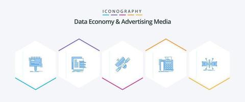 economia de dados e mídia publicitária 25 pacote de ícones azul, incluindo telefone. fax. relatórios. transmissor. rádio vetor