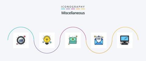 linha diversa preenchida com 5 ícones planos, incluindo área de trabalho. dinheiro. abrir e-mail. e-mail vetor