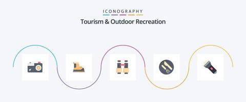 turismo e recreação ao ar livre flat 5 icon pack incluindo lanterna. colher. bota. prato. visão vetor