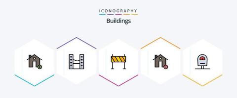 edifícios 25 pacote de ícones de linha preenchida, incluindo casa. excluir. Torres Gêmeas. edifícios. obstáculo vetor