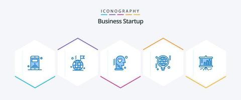 inicialização de negócios 25 pacote de ícones azuis, incluindo gráfico. ideia. cabeça. negócios. lâmpada vetor