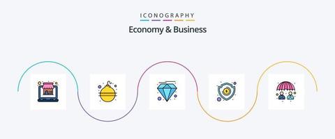 economia e linha de negócios preenchida com 5 ícones planos, incluindo gerenciamento. investimento. diamante. escudo. dinheiro vetor