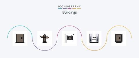 linha de edifícios cheia de pacote de ícones plana 5 incluindo portão. edifícios. à venda. Torres Gêmeas. moderno vetor