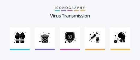 pacote de ícones de glifo de transmissão de vírus 5, incluindo covid. vacina. médico. seringa. drogas. design de ícones criativos vetor