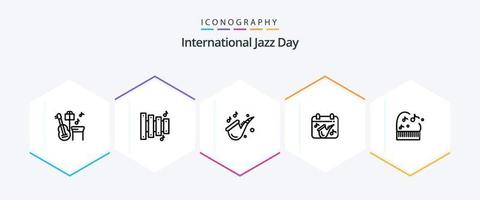 pacote de ícones de 25 linhas do dia internacional do jazz, incluindo saxofone. música . calendário . saxofone vetor