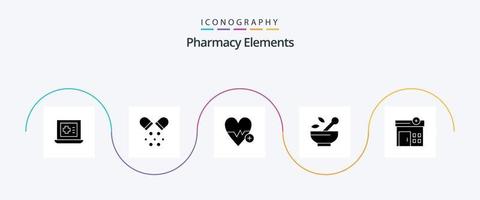 Pacote de ícones de glifo 5 de elementos de farmácia, incluindo remédios. hospital . pílulas. bater vetor