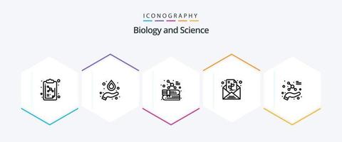 pacote de ícones de 25 linhas de biologia, incluindo ciência. átomo. Educação. proteger. papel vetor
