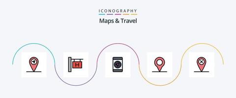 mapas e linha de viagem preenchida com 5 ícones planos, incluindo . localização. localização vetor