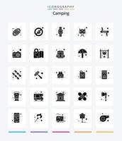 acampamento criativo pacote de ícones preto sólido de 25 glifos, como o exército. victorinox. tempo. faca. acampamento vetor