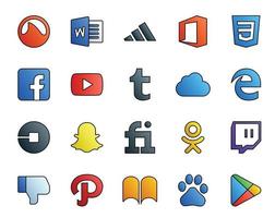 Pacote de 20 ícones de mídia social, incluindo twitch fiverr tumblr snapchat car vetor