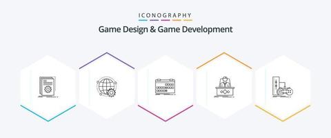 design de jogos e desenvolvimento de jogos pacote de ícones de 25 linhas, incluindo legenda. jogo. globo. agendar. evento vetor