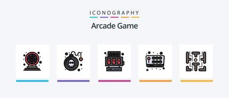 linha de arcada cheia de 5 ícones incluindo joystick. jogo. bilheteira. diversão. cubos. design de ícones criativos vetor