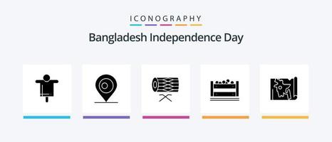 Pacote de ícones do Glifo 5 do Dia da Independência de Bangladesh, incluindo mapa. Bangla. instrumento. caixa. Bangladesh. design de ícones criativos vetor
