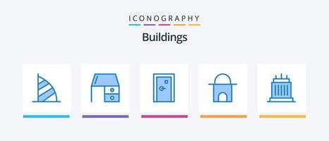 Pacote de ícones de 5 edifícios azuis, incluindo edifício islâmico. prédio. mesa de trabalho. preenchido. porta. design de ícones criativos vetor