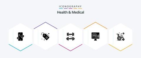 pacote de ícones de 25 glifos de saúde e medicina, incluindo roda. calendário. haltere. data. médico vetor