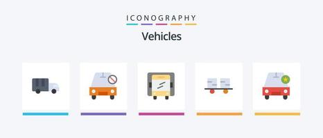 Pacote de ícones plana 5 de veículos, incluindo carro. empilhadeira. golpear. empilhadeira. veículos lagarta. design de ícones criativos vetor