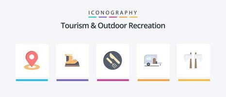 turismo e recreação ao ar livre flat 5 icon pack incluindo machado. acampamento. bota. acampamento. faca. design de ícones criativos vetor