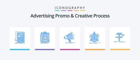 promoção de publicidade e pacote de ícones azul 5 de processo criativo, incluindo designer. 3d. trabalhar. megafone. marketing. design de ícones criativos vetor