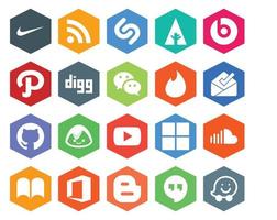 Pacote de 20 ícones de mídia social, incluindo som Microsoft Messenger Video Basecamp vetor