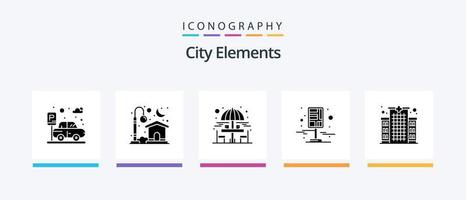 pacote de ícones do glifo 5 dos elementos da cidade, incluindo clínica. ruas. bebendo. alfinete. destino. design de ícones criativos vetor