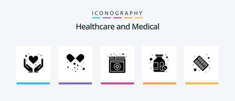 pacote de ícones de glifo médico 5, incluindo remédios. médico. médico. cápsula. Frasco de remédios. design de ícones criativos vetor
