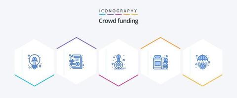 crowdfunding 25 pacote de ícones azuis, incluindo economia. jar. dinheiro. moeda. meta vetor