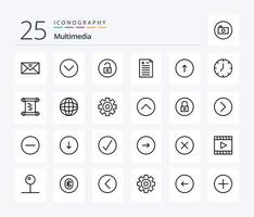 pacote de ícones multimídia de 25 linhas, incluindo navegador. teste. multimídia. prós e contras. multimídia vetor