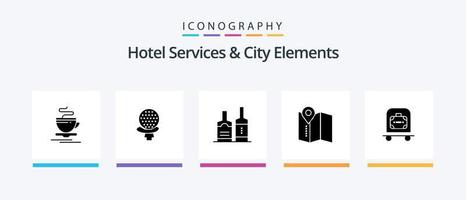 serviços de hotel e pacote de ícones de glifo 5 de elementos da cidade, incluindo trolly. hotel. álcool. serviço. localização. design de ícones criativos vetor