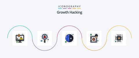 linha de hacking cheia de pacote de 5 ícones planos, incluindo bloqueio. hacker. vírus. depósito. configurações vetor