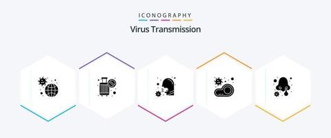 pacote de ícones de 25 glifos de transmissão de vírus, incluindo doença. transmissão. tosse. carne. bactérias vetor