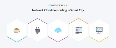 computação em nuvem de rede e pacote de ícones planos de cidade inteligente 25, incluindo compartilhamento. a infraestrutura. proteção. eixo. cidade vetor