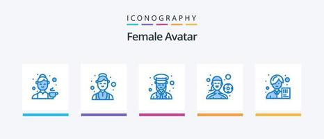 pacote de ícones de avatar feminino azul 5, incluindo jogar futebol. jogador de futebol. médico. jogador feminino. polícia. design de ícones criativos vetor