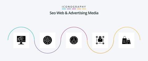 pacote de ícones seo web e glyph 5 de mídia publicitária, incluindo área. mapa. motor. localização. segmentação de público vetor
