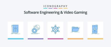 engenharia de software e pacote de ícones azul 5 de jogos de vídeo, incluindo diretório. arquivo. Programas. jogando. jogo. design de ícones criativos vetor