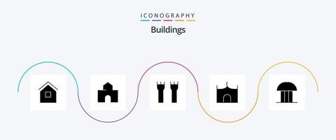 Pacote de ícones de glifo 5 de edifícios, incluindo construção de tribunal. prédio. marco. medieval. torre do castelo vetor
