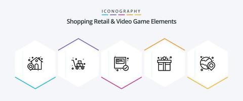shoping varejo e elementos de videogame pacote de ícones de 25 linhas, incluindo globo. compras. caixa. varejo. caixa vetor