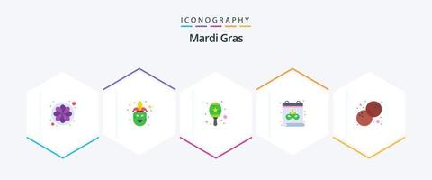 Mardi Gras 25 Flat Icon Pack incluindo . comida. instrumento. coco. mascarar vetor