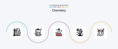 linha de química cheia de pacote de ícones plana 5 incluindo laboratório. microscópio. prancheta. química. ácido vetor