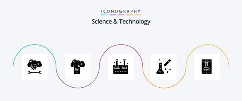 pacote de ícones de glifo 5 de ciência e tecnologia, incluindo microbiologia. teste químico. documentos online. tubo de ensaio. frasco de laboratório vetor