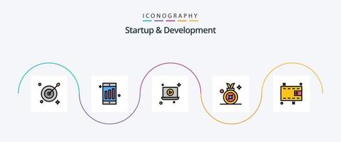 linha de inicialização e desenvolvimento preenchida com 5 ícones planos, incluindo . dinheiro. vídeo. dinheiro. distintivo vetor