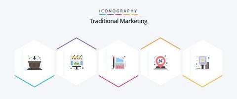 pacote de ícones planos de 25 ícones de marketing tradicional, incluindo propaganda. por cento. equilíbrio. localização. Centro vetor