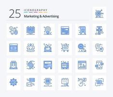 marketing e publicidade pacote de ícones de 25 cores azuis, incluindo layout. projeto. poster. aplicativo. pessoa vetor