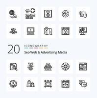 20 seo web e pacote de ícones de linha de mídia publicitária como troféu estrela seo medalha de login vetor