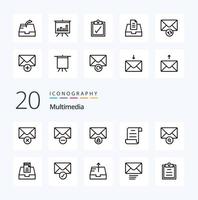 Pacote de ícones de 20 linhas multimídia como script de análise de apresentação enviar e-mail vetor