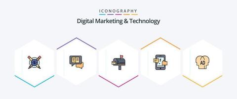 marketing digital e tecnologia 25 pacote de ícones de linha preenchida, incluindo conhecimento. digital. correspondência. promoção social. promotoína vetor